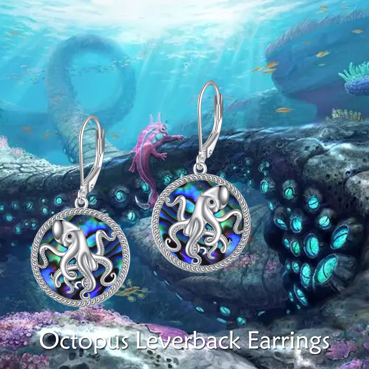 Orecchini pendenti rotondi in argento sterling con polpo di crostacei abalone a forma circolare-5