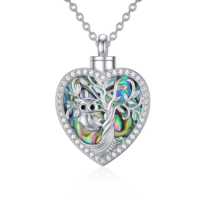 Sterling Silver Circular Shaped Abalone Shellfish Owl & Heart Urn Necklace for Ashes with Engraved Word-1