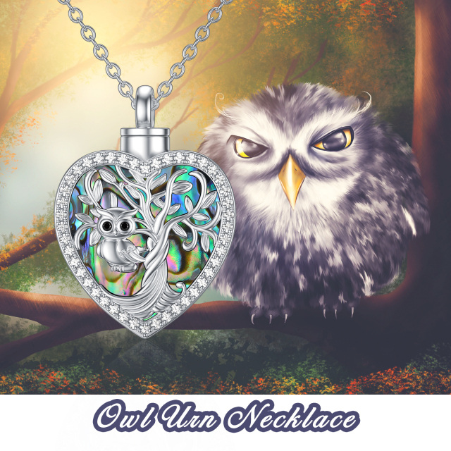 Sterling Silver Circular Shaped Abalone Shellfish Owl & Heart Urn Necklace for Ashes with Engraved Word-2