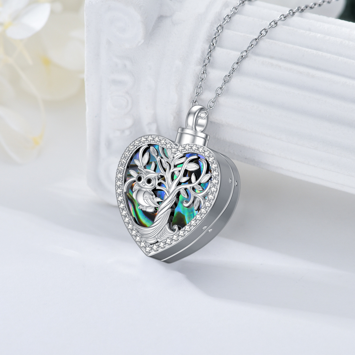 Sterling Silver Circular Shaped Abalone Shellfish Owl & Heart Urn Necklace for Ashes with Engraved Word-3