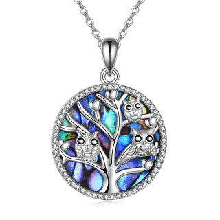 Sterling Silver Circular Abalone Shellfish Owl With Tree Of Life Pendant Necklace-2