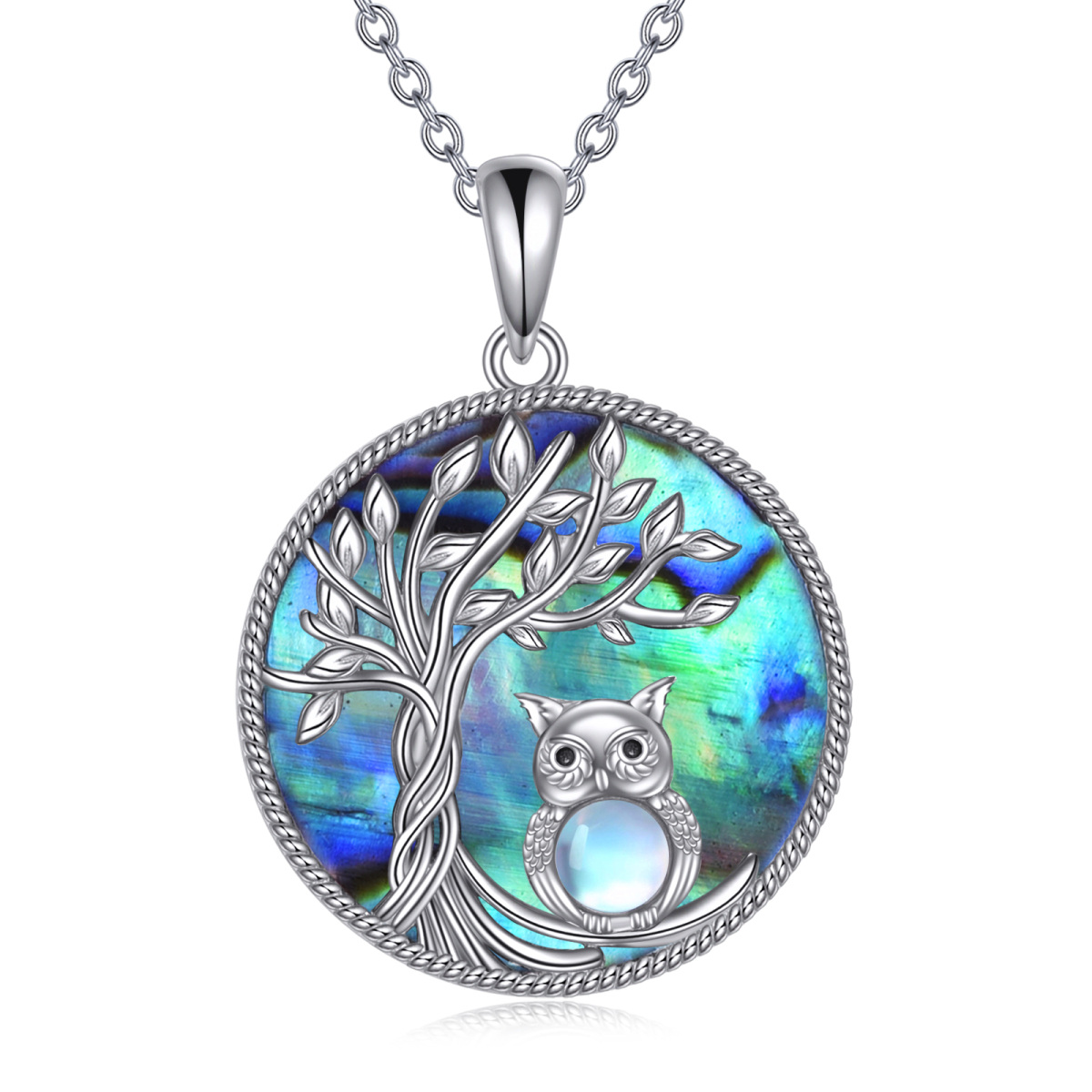 Sterling Silver Circular Shaped Abalone Shellfish Owl & Tree Of Life Pendant Necklace-1