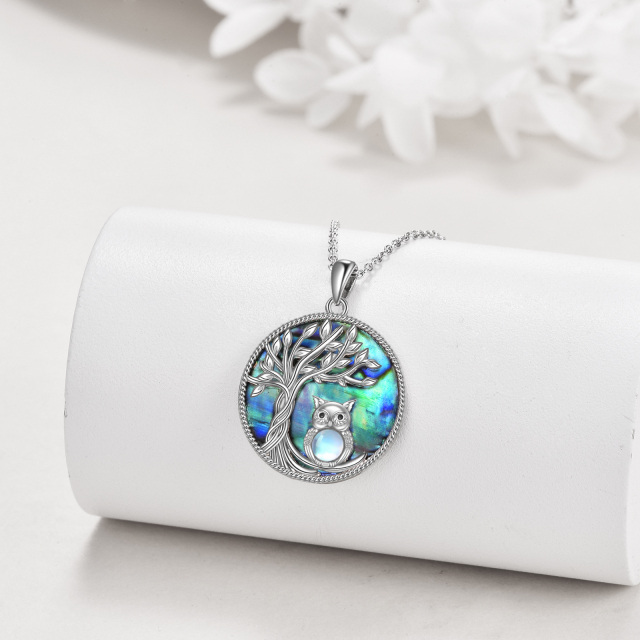 Sterling Silver Circular Shaped Abalone Shellfish Owl & Tree Of Life Pendant Necklace-3