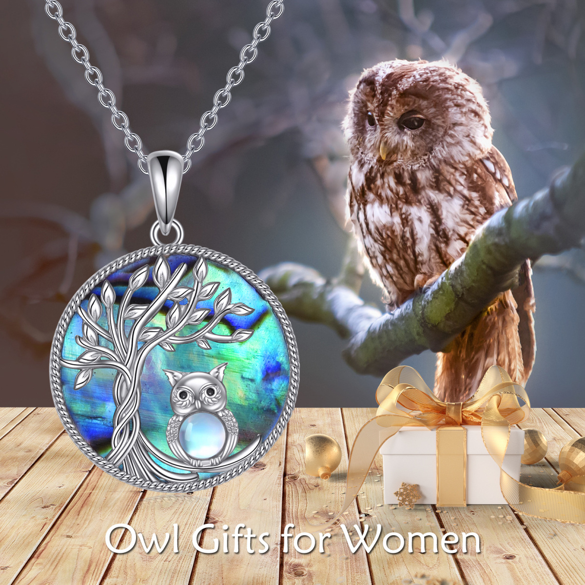 Sterling Silver Circular Shaped Abalone Shellfish Owl & Tree Of Life Pendant Necklace-6