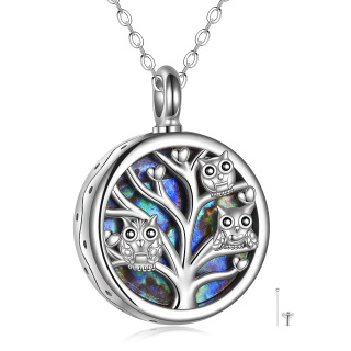 Sterling Silver Circular Shaped Abalone Shellfish Owl & Tree Of Life Urn Necklace for Ashes with Engraved Word-2