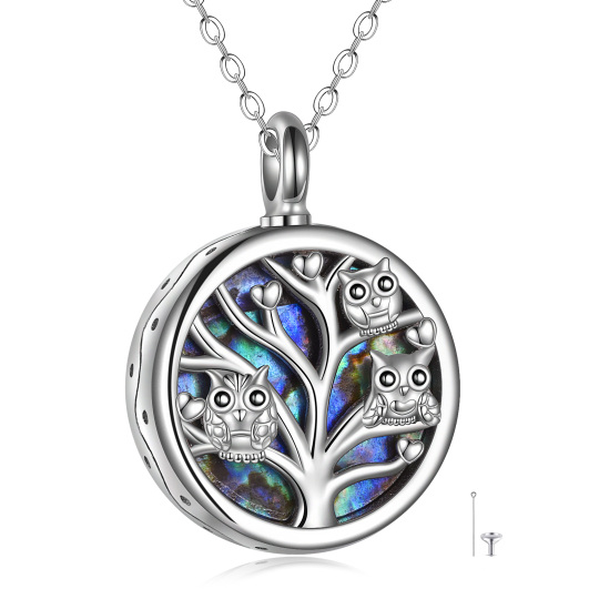 Sterling Silver Circular Shaped Abalone Shellfish Owl & Tree Of Life Urn Necklace for Ashes with Engraved Word