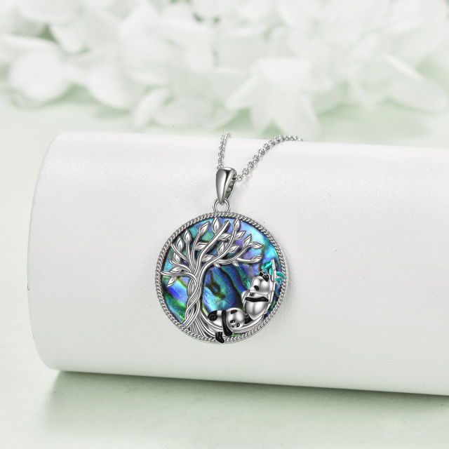 Sterling Silver Circular Shaped Abalone Shellfish Panda & Tree Of Life Pendant Necklace-3