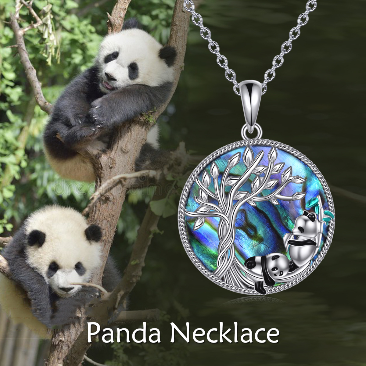 Collar con colgante de árbol de la vida en forma de panda y concha de abulón en forma circular en plata de ley-6