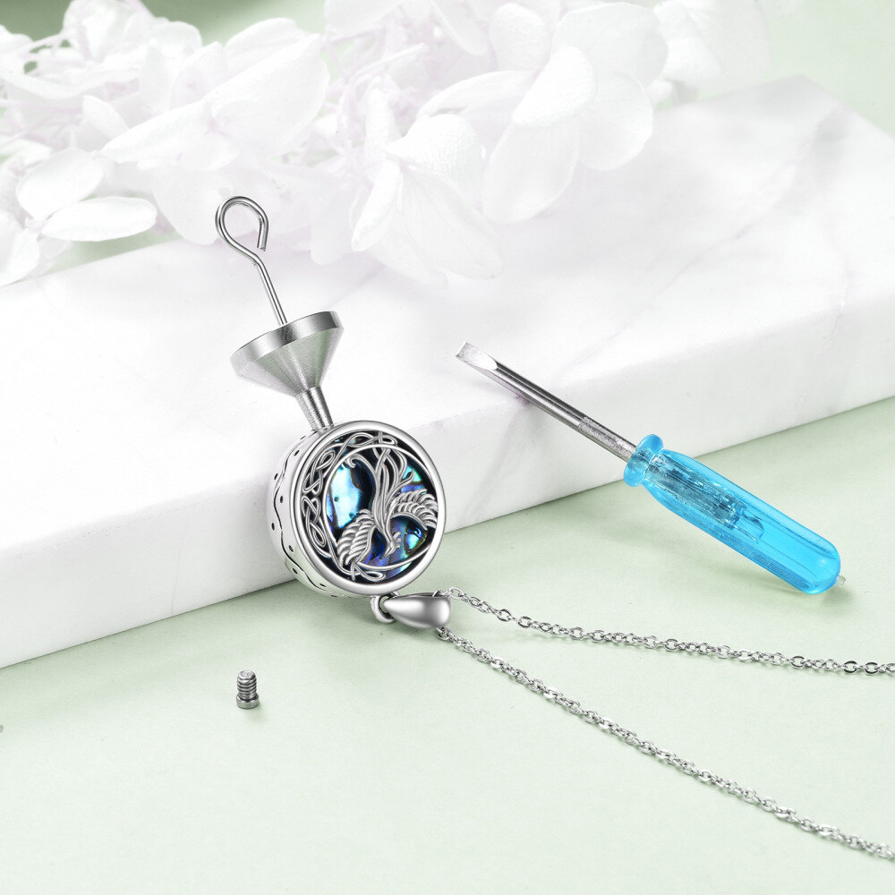 Sterling Silver Circular Shaped Abalone Shellfish Phoenix & Celtic Knot Urn Necklace for Ashes with Engraved Word-4