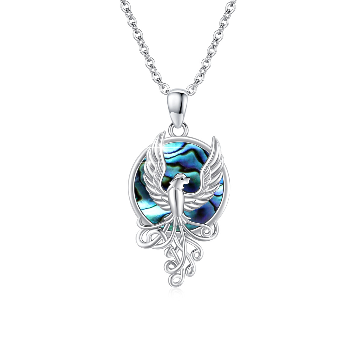 Sterling Silver Circular Shaped Abalone Shellfish Phoenix Pendant Necklace-1