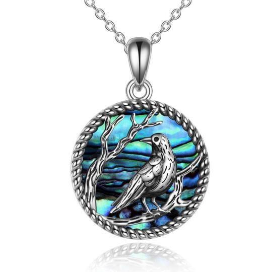 Collana in argento sterling con ciondolo circolare a forma di corvo e ciondolo rotondo di conchiglia Abalone