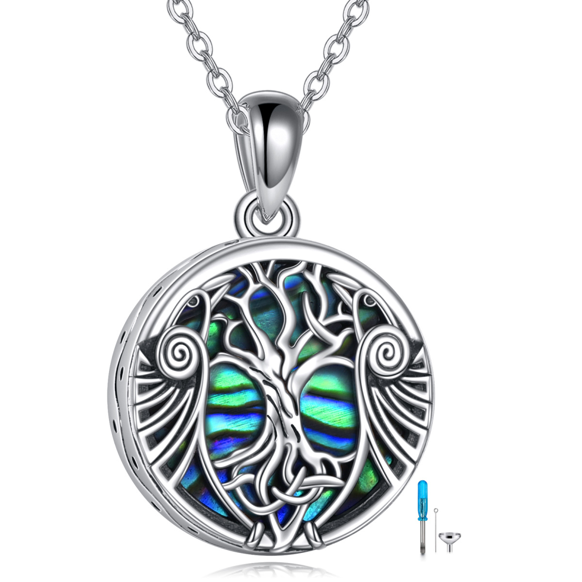 Sterling Silver Circular Shaped Abalone Shellfish Raven & Tree Of Life Urn Necklace for Ashes with Engraved Word-1