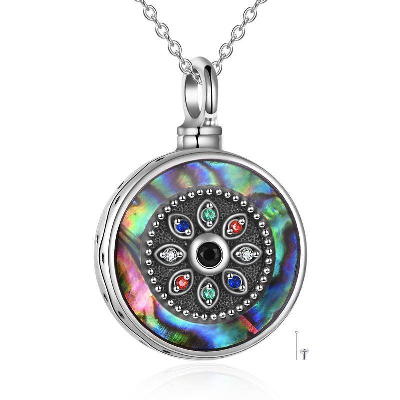 Sterling Silver Circular Shaped Abalone Shellfish Round Urn Necklace for Ashes with Engraved Word-1