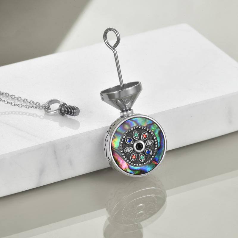 Sterling Silver Circular Shaped Abalone Shellfish Round Urn Necklace for Ashes with Engraved Word-3