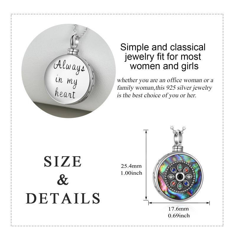 Sterling Silver Circular Shaped Abalone Shellfish Round Urn Necklace for Ashes with Engraved Word-5