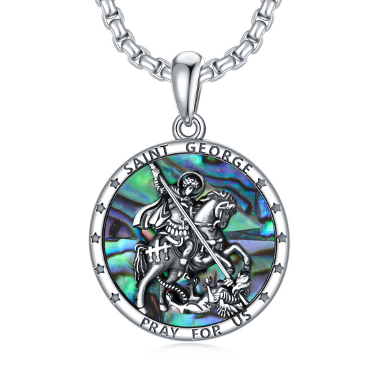 Sterling Silver Circular Shaped Abalone Shellfish Saint George Pendant Necklace with Engraved Word for Men