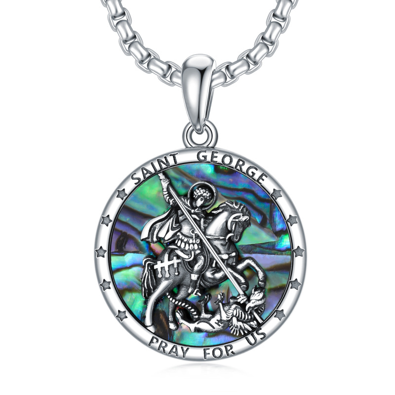 Sterling Silver Circular Shaped Abalone Shellfish Saint George Pendant Necklace with Engraved Word for Men-17