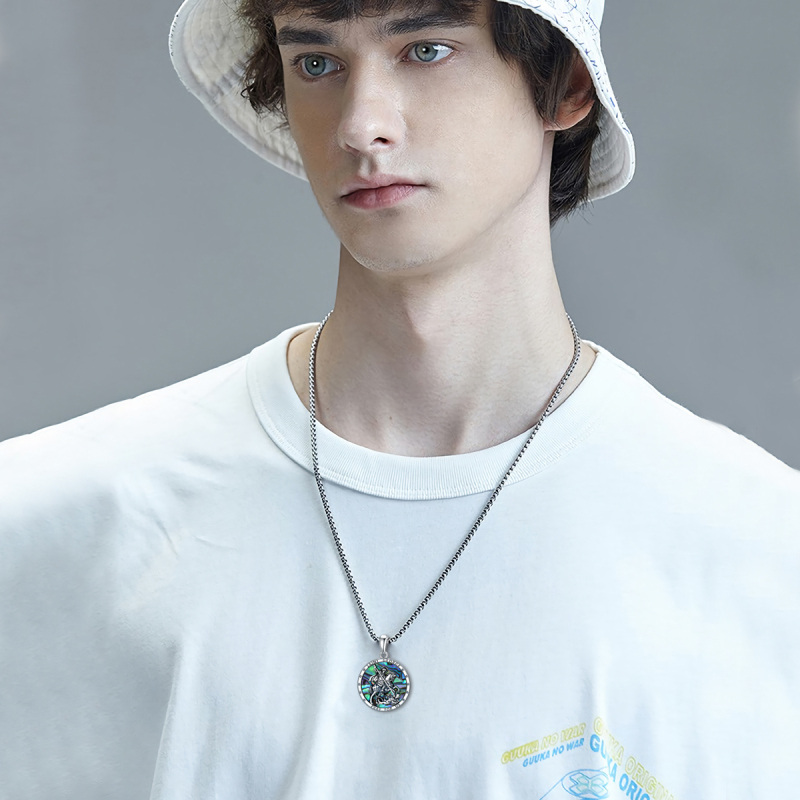 Sterling Silver Circular Shaped Abalone Shellfish Saint George Pendant Necklace with Engraved Word for Men-2