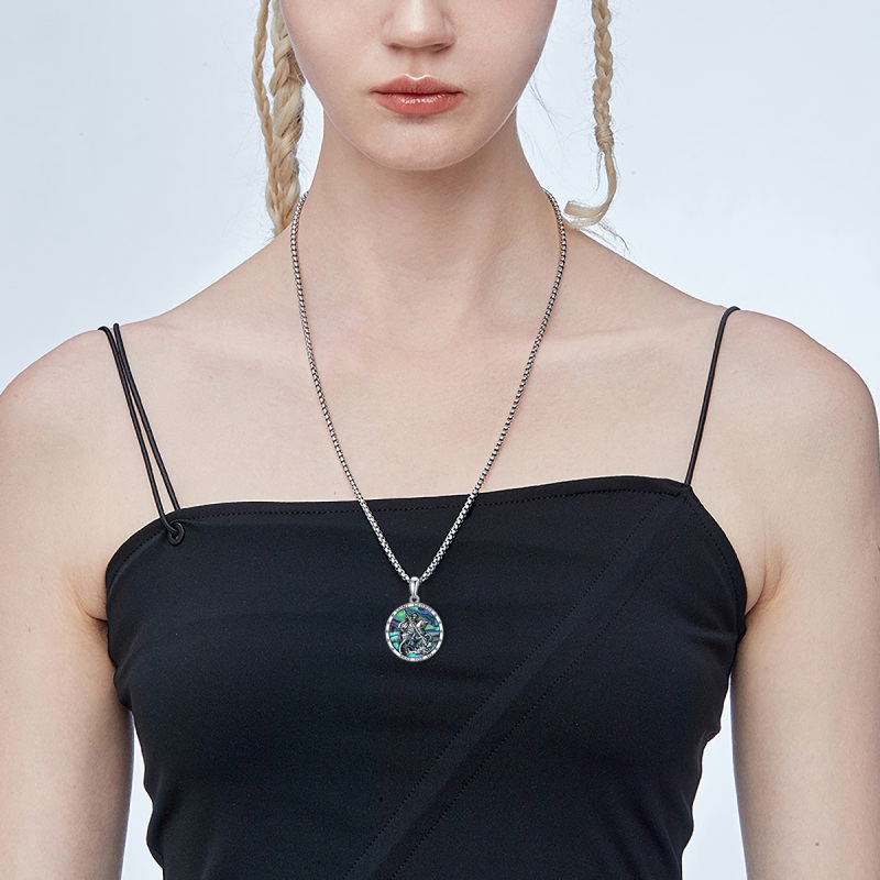 Sterling Silver Circular Shaped Abalone Shellfish Saint George Pendant Necklace with Engraved Word for Men-3