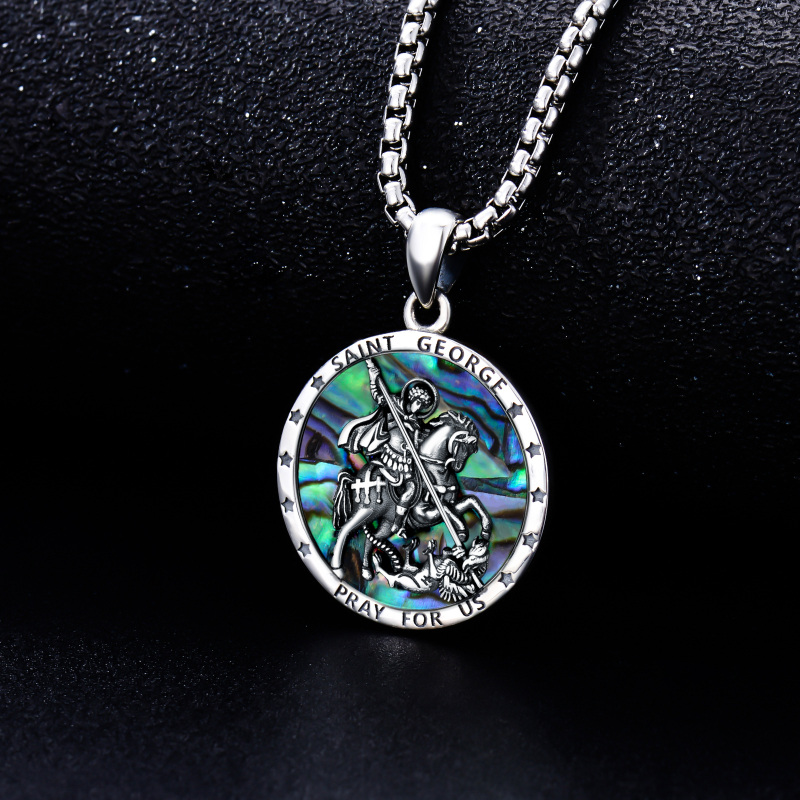Sterling Silver Circular Shaped Abalone Shellfish Saint George Pendant Necklace with Engraved Word for Men-4