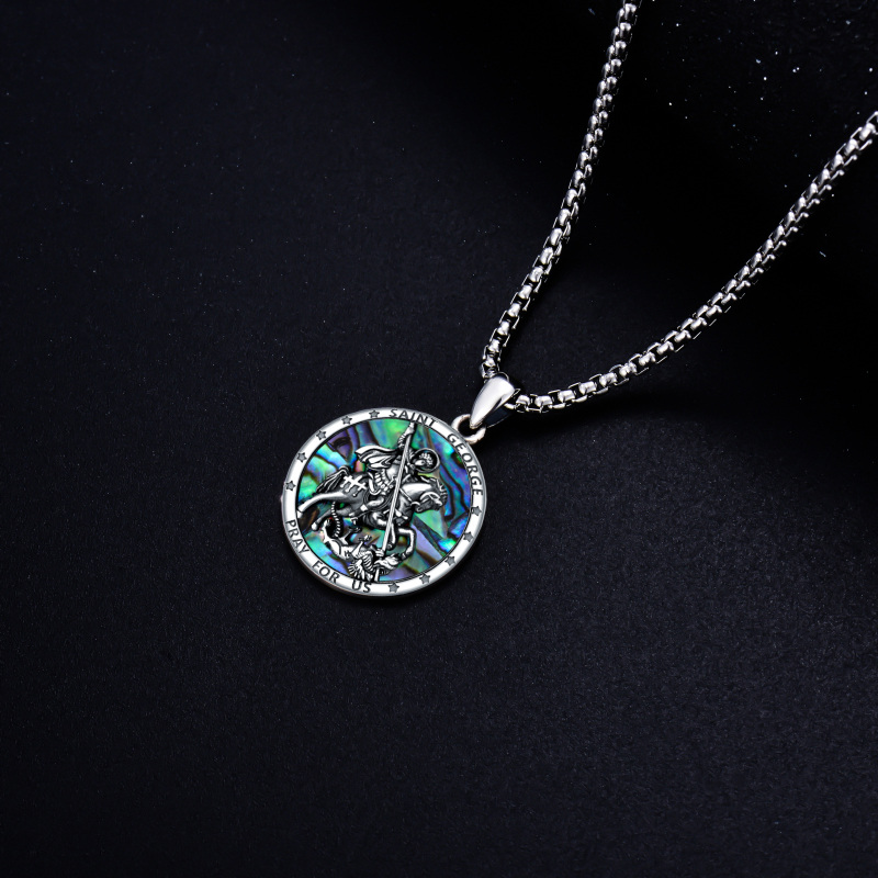 Sterling Silver Circular Shaped Abalone Shellfish Saint George Pendant Necklace with Engraved Word for Men-5
