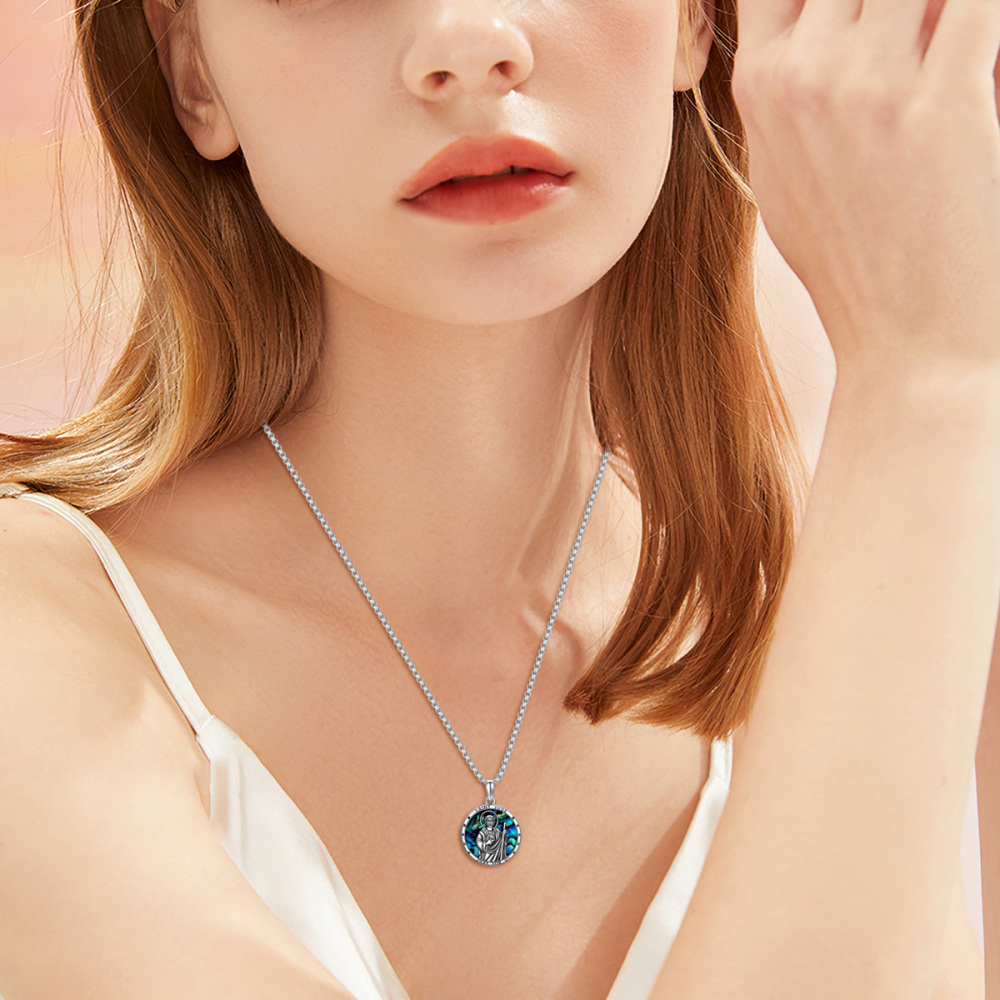 Sterling Silver Circular Shaped Abalone Shellfish Saint Jude Pendant Necklace with Engraved Word-3