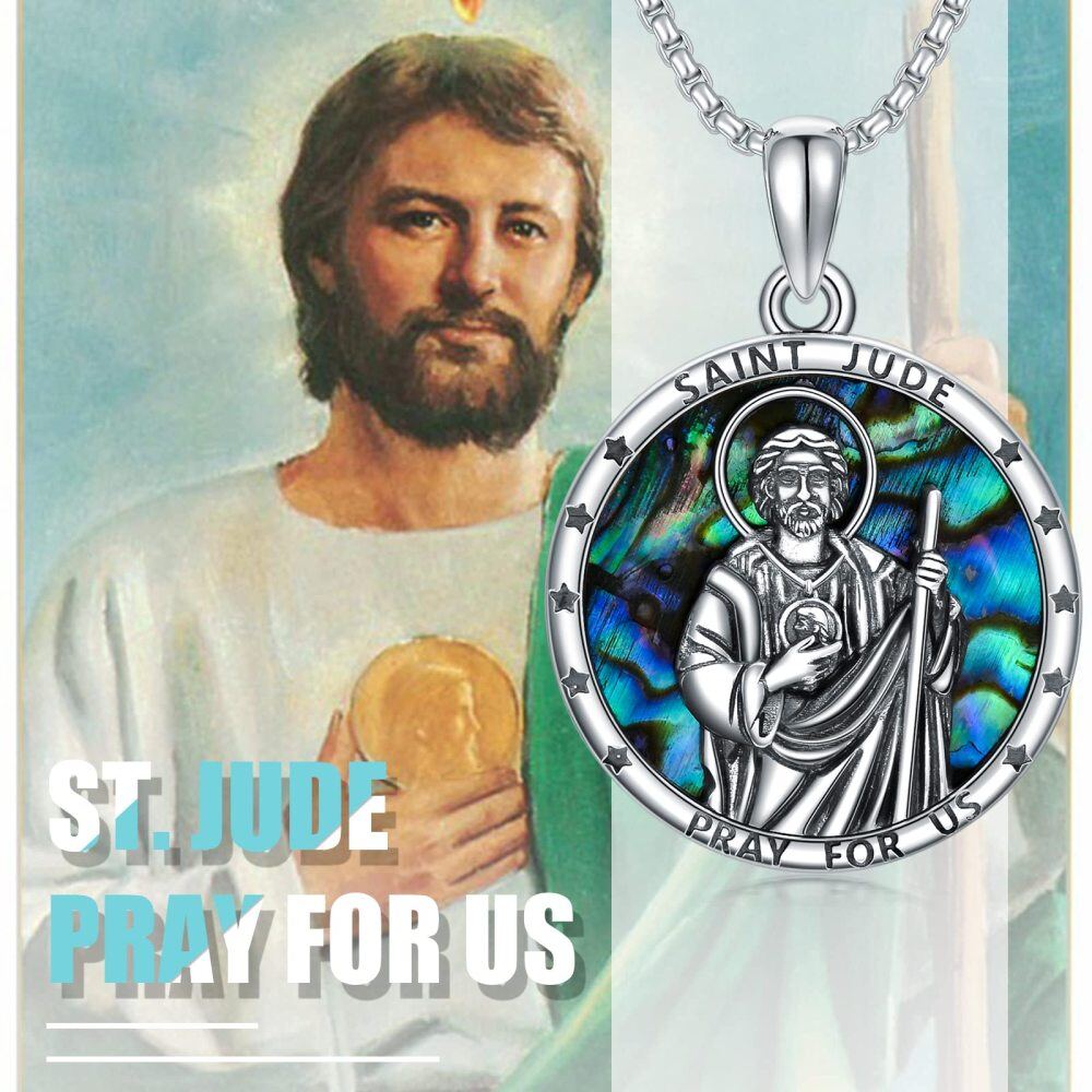 Sterling Silver Circular Shaped Abalone Shellfish Saint Jude Pendant Necklace with Engraved Word-4