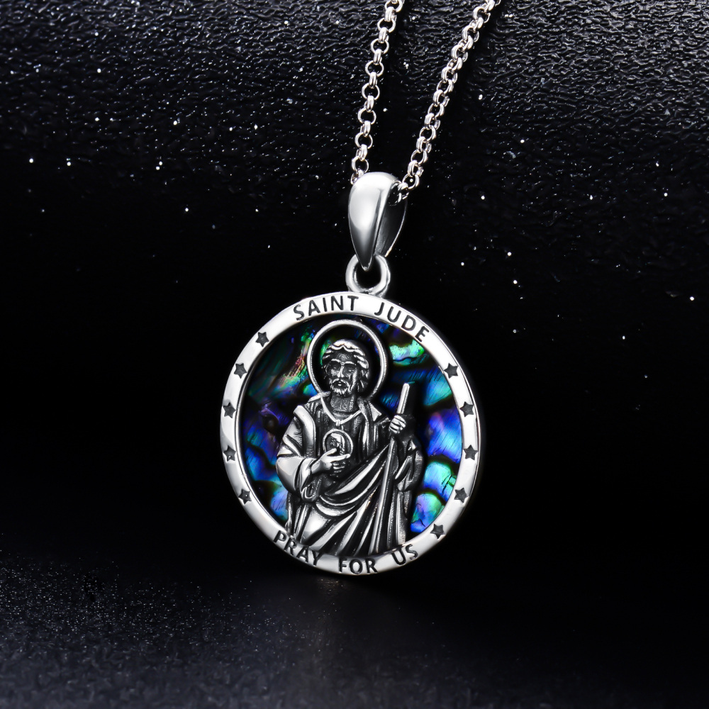 Sterling Silver Circular Shaped Abalone Shellfish Saint Jude Pendant Necklace with Engraved Word-5