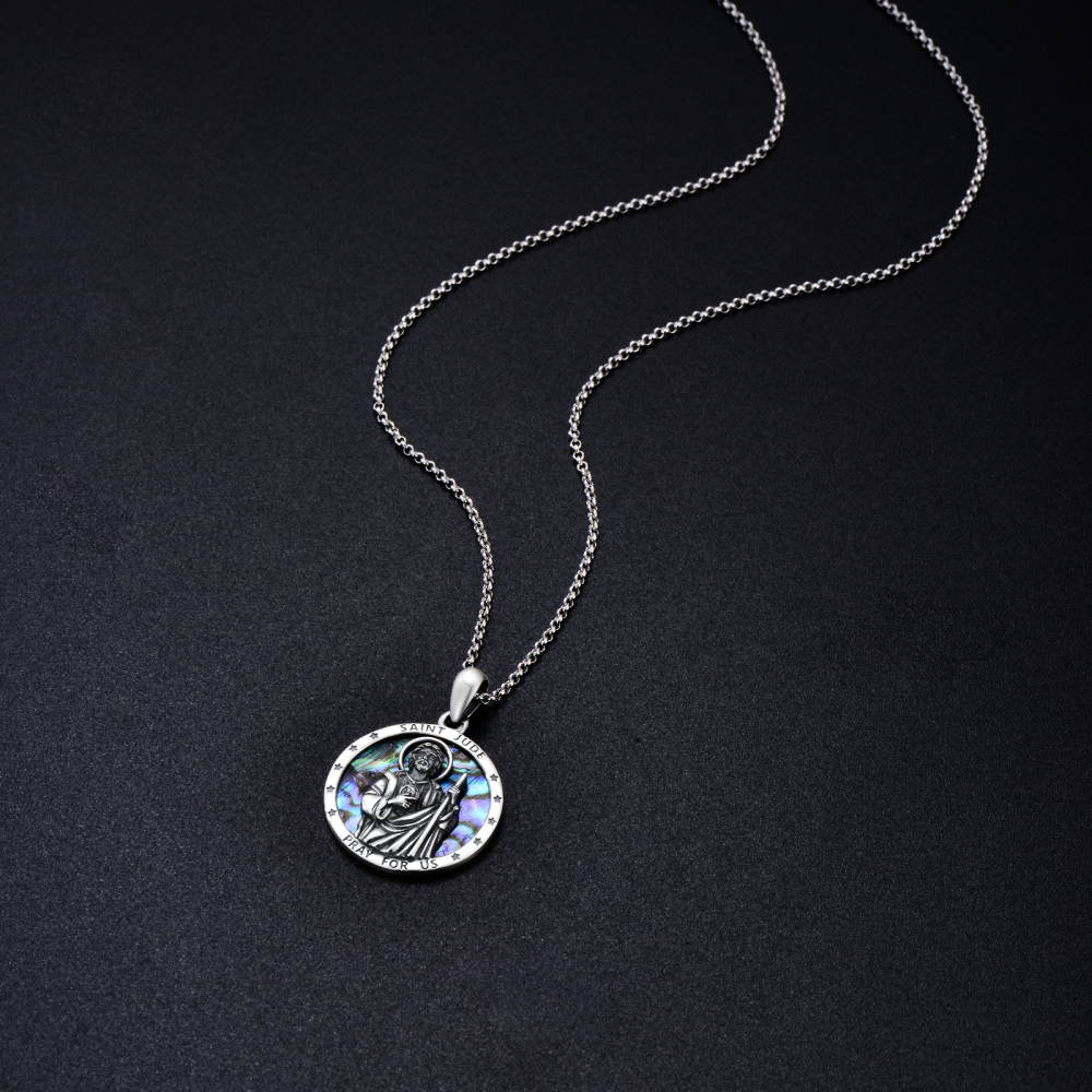Sterling Silver Circular Shaped Abalone Shellfish Saint Jude Pendant Necklace with Engraved Word-6