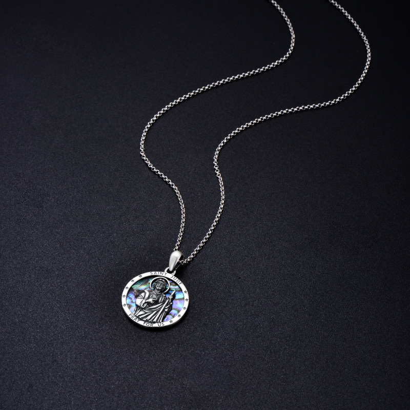 Collar colgante San Judas de plata de ley con forma circular de marisco abalón y palabra g-6