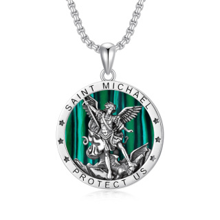 Sterling Silver Circular Shaped Abalone Shellfish Saint Michael Pendant Necklace with Engraved Word for Men-22