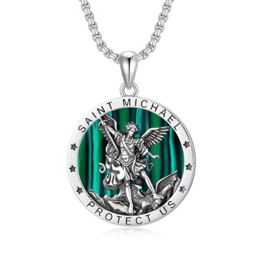 Sterling Silver Circular Shaped Abalone Shellfish Saint Michael Pendant Necklace with Engraved Word for Men