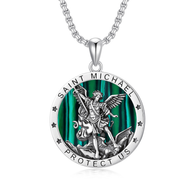 Sterling Silver Circular Shaped Abalone Shellfish Saint Michael Pendant Necklace with Engraved Word for Men-3