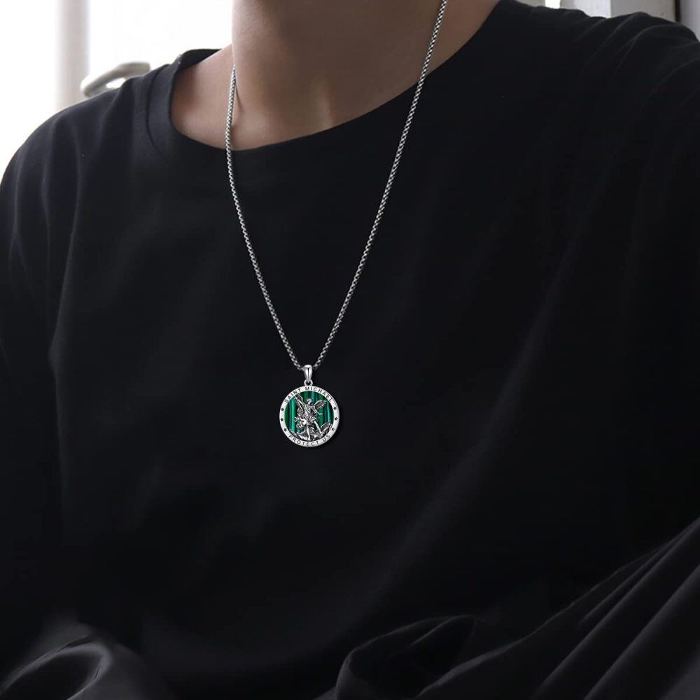 Sterling Silver Circular Shaped Abalone Shellfish Saint Michael Pendant Necklace with Engraved Word for Men-2