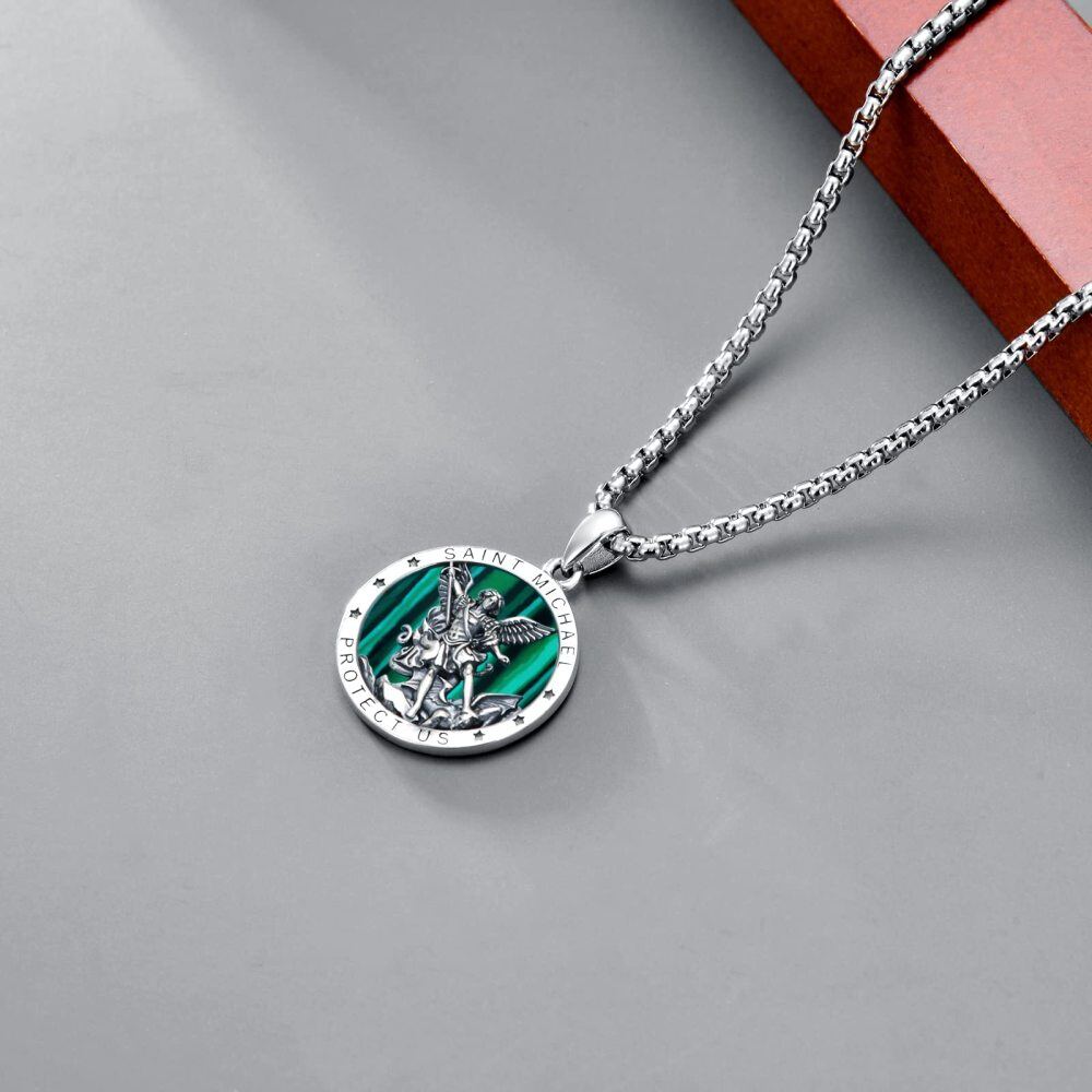 Sterling Silver Circular Shaped Abalone Shellfish Saint Michael Pendant Necklace with Engraved Word for Men-3