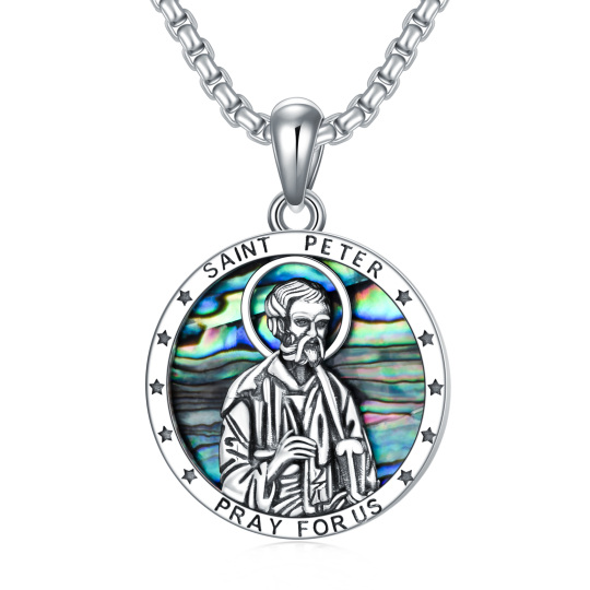 Sterling Silver Circular Shaped Abalone Shellfish Saint Peter Pendant Necklace with Engraved Word for Men