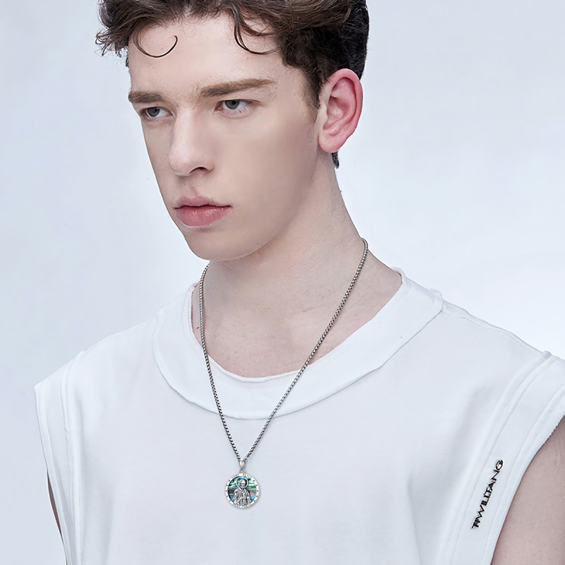 Sterling Silver Circular Shaped Abalone Shellfish Saint Peter Pendant Necklace with Engraved Word for Men-2