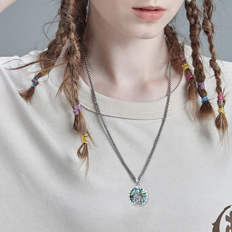 Sterling Silver Circular Shaped Abalone Shellfish Saint Peter Pendant Necklace with Engraved Word for Men-3