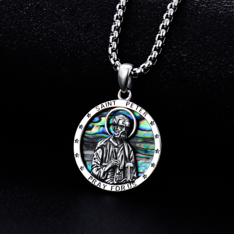 Sterling Silver Circular Shaped Abalone Shellfish Saint Peter Pendant Necklace with Engraved Word for Men-4