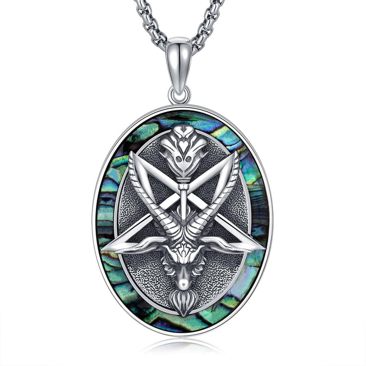 Collana con ciondolo a forma di cerchio in argento sterling con conchiglia Abalone Satanic Goat-1