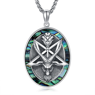 Sterling Silver Circular Shaped Abalone Shellfish Satanic Goat Pendant Necklace-3