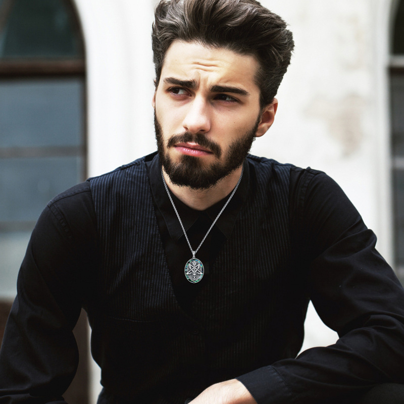 Sterling Silver Circular Shaped Abalone Shellfish Satanic Goat Pendant Necklace-2