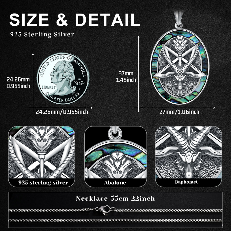 Sterling Silver Circular Shaped Abalone Shellfish Satanic Goat Pendant Necklace-4