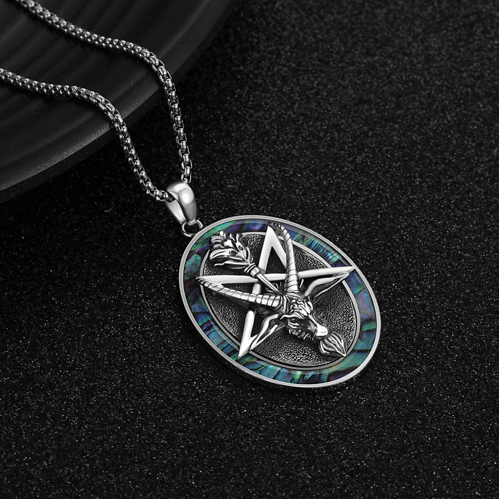 Sterling Silver Circular Shaped Abalone Shellfish Satanic Goat Pendant Necklace-5