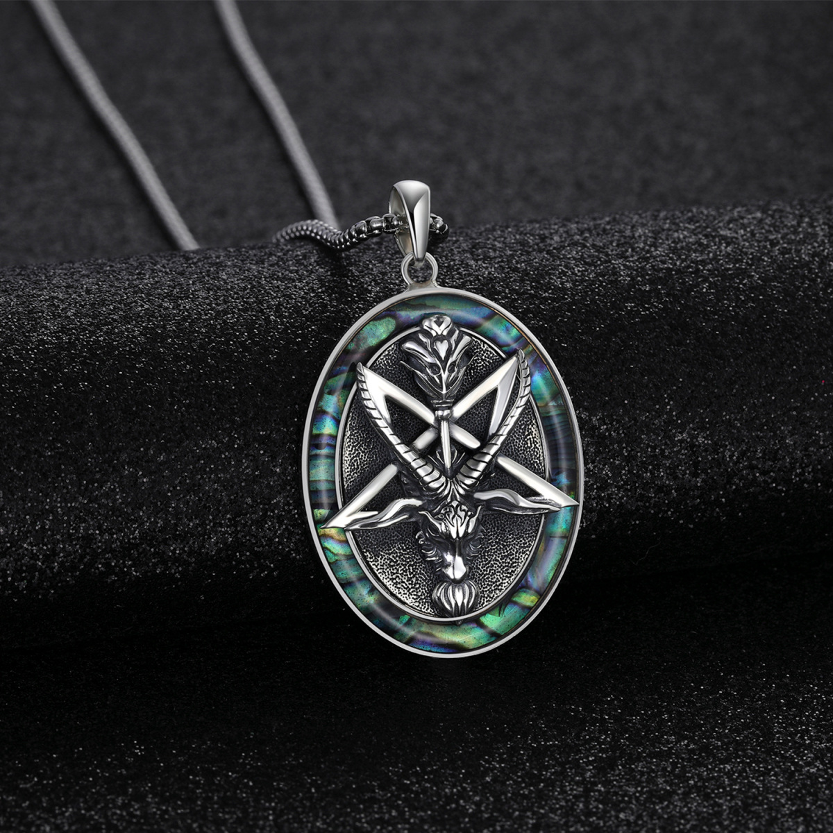 Collana con ciondolo a forma di cerchio in argento sterling con conchiglia Abalone Satanic Goat-6