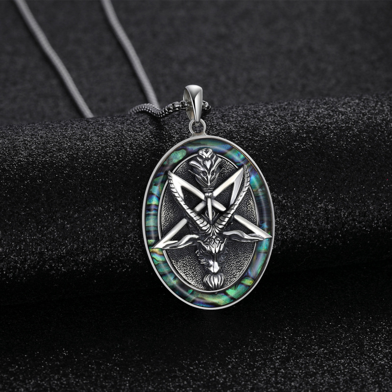 Sterling Silver Circular Shaped Abalone Shellfish Satanic Goat Pendant Necklace-6