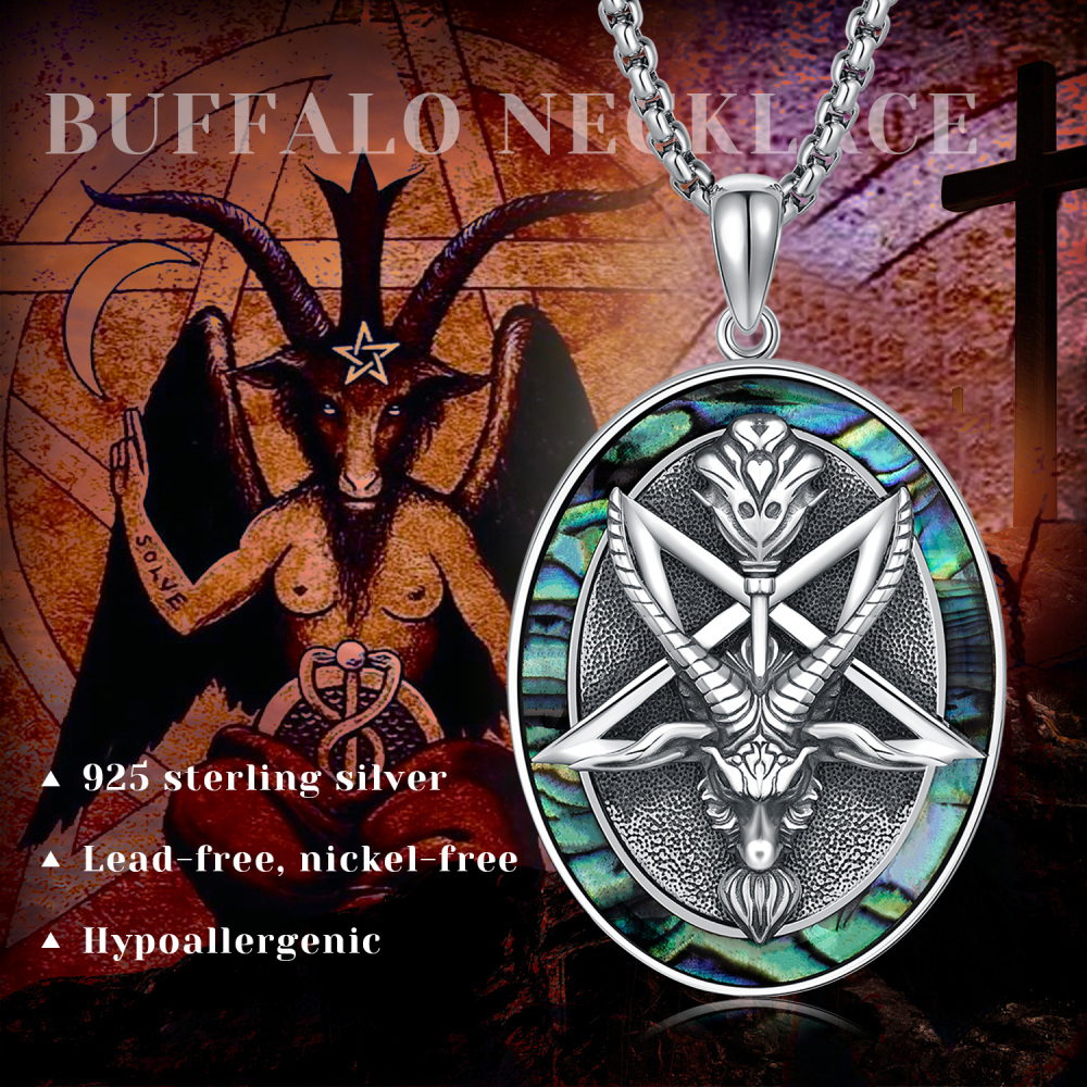 Sterling Silver Circular Shaped Abalone Shellfish Satanic Goat Pendant Necklace-7