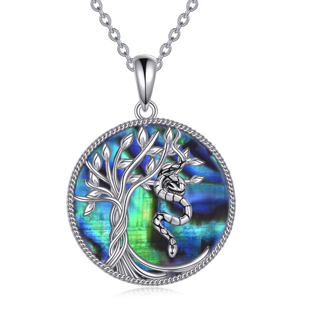 Sterling Silver Circular Shaped Abalone Shellfish Snake & Tree Of Life Pendant Necklace-1