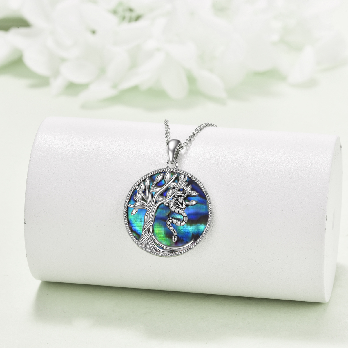 Sterling Silver Circular Shaped Abalone Shellfish Snake & Tree Of Life Pendant Necklace-3