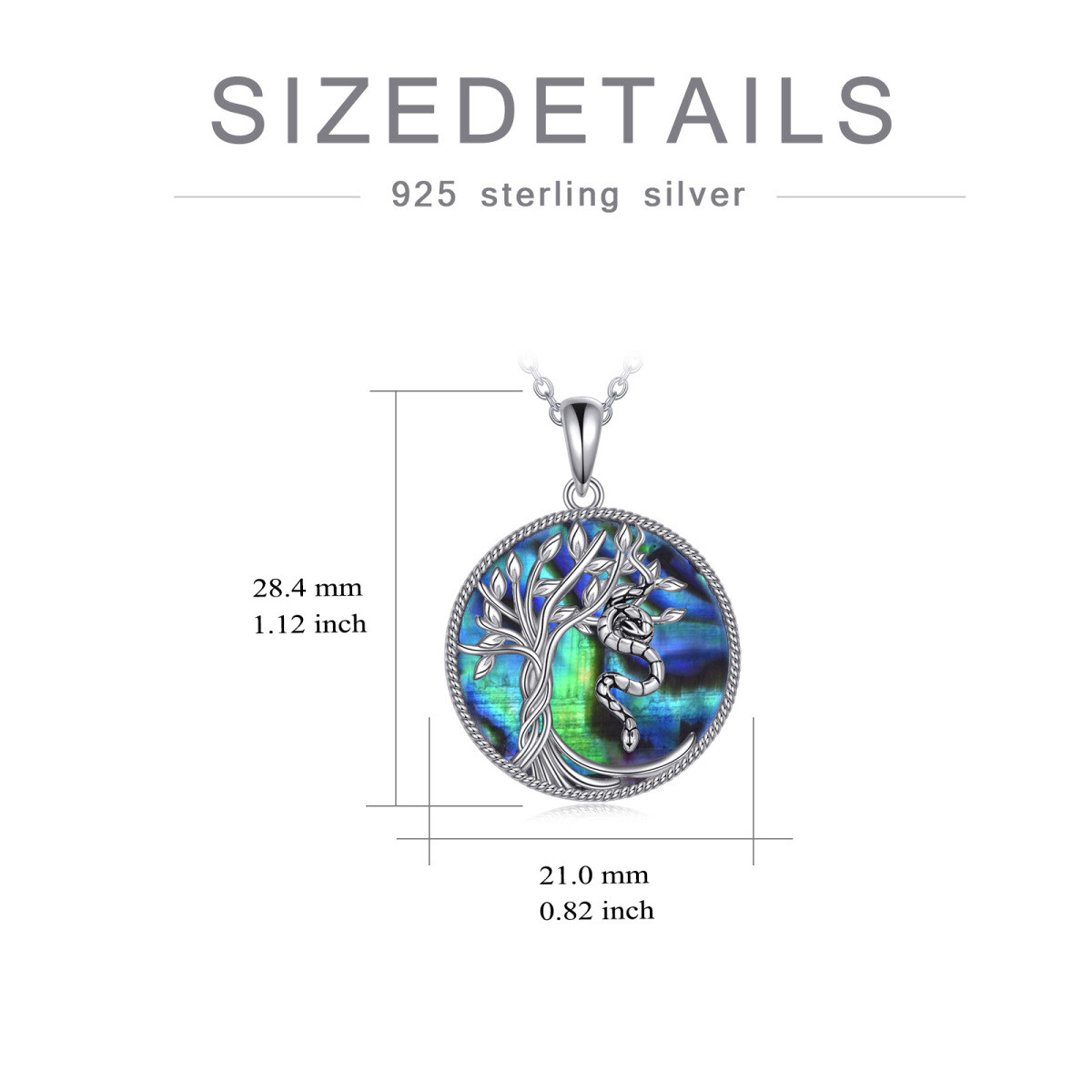 Sterling Silver Circular Shaped Abalone Shellfish Snake & Tree Of Life Pendant Necklace-5